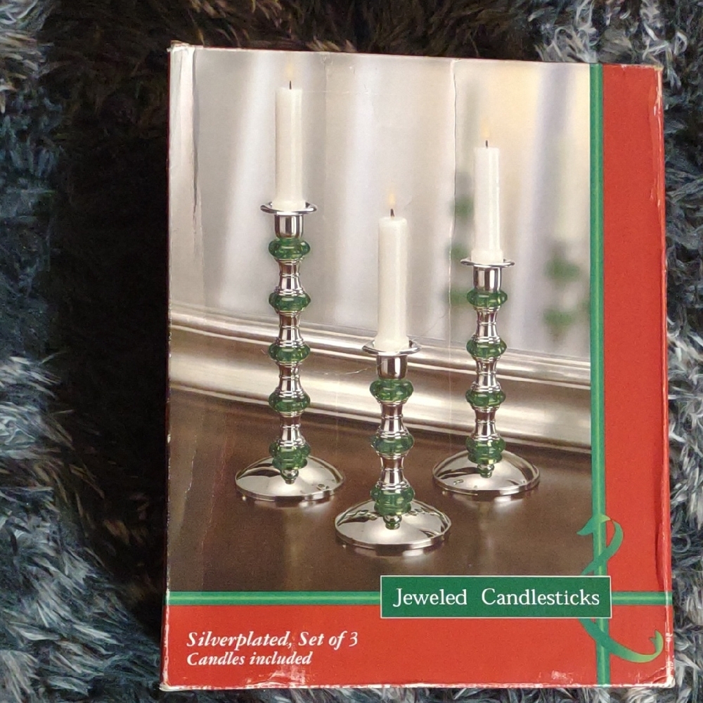 Jeweled Silverplated Candlesticks Set